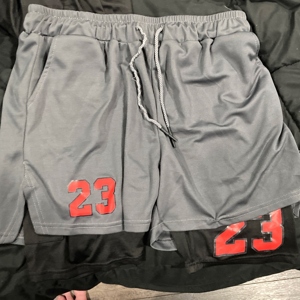 Gray Athletic Shorts with Red Accents had an inside pocket for cell phone